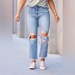 Light Blue Distressed High-Rise Straight Jeans - Flying Monkey